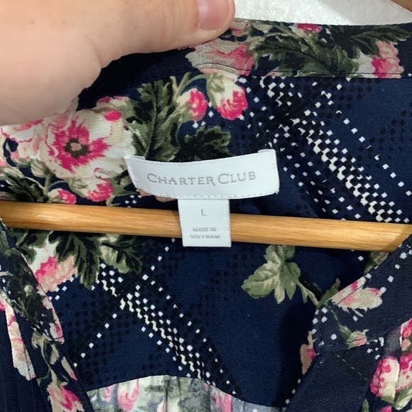 Charter Club Boho Navy Floral Plaid Lined Sheer Blouse Size L - Picture 2 of 6